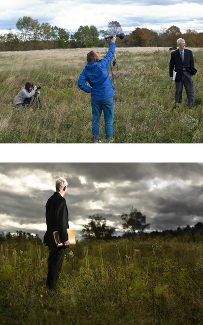 Behind the scenes of a Beyond Success photo session in a field, and the resulting photograph of a man in a suit standing in tall grass under a stormy sky
